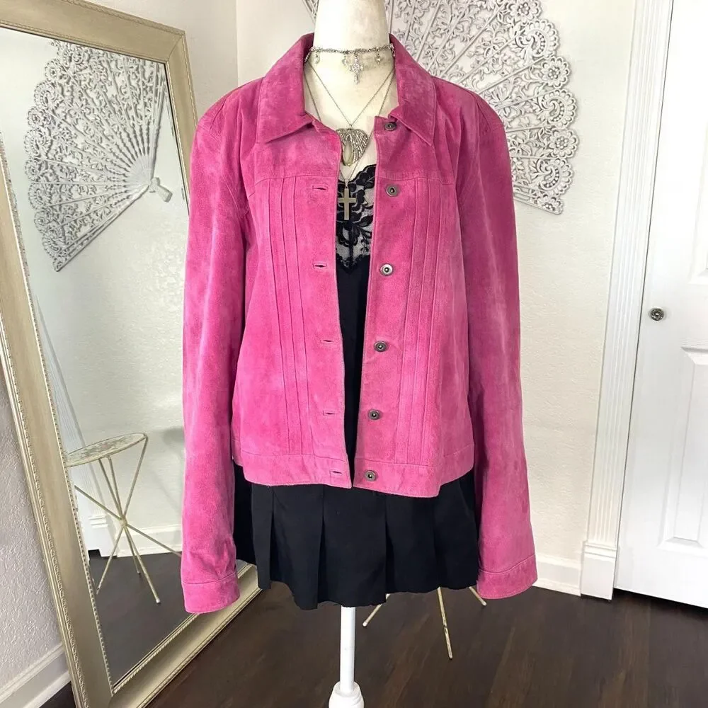 Style & Co Early 2000's Bright Pink Suede Leather Jacket Size XL - Picture 2 of 7